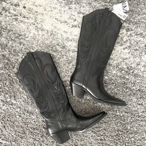 NWT Zara Black Leather Cowboy Boots